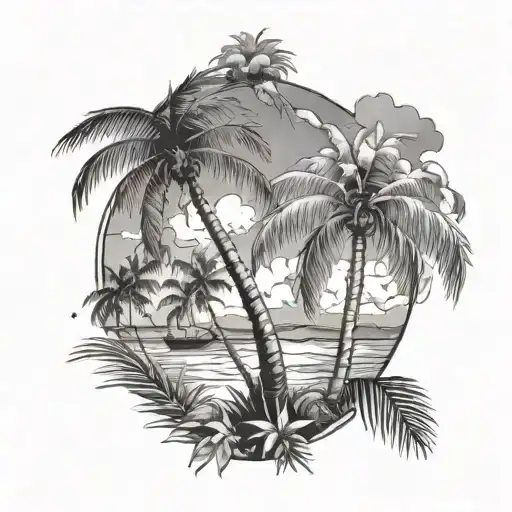 coconut tree ocean and eucalyptus tree tattoo design idea