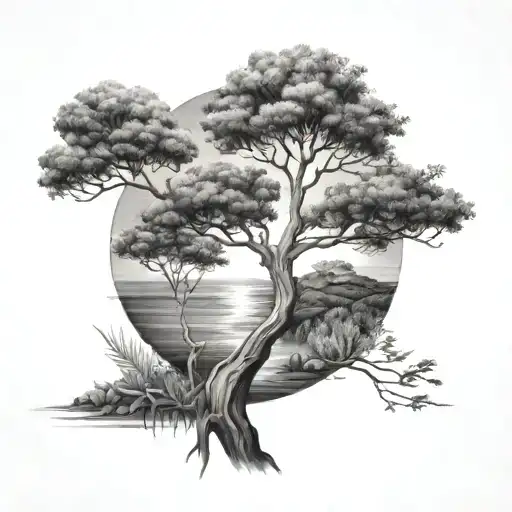 eucalyptus tree and ocean scene tattoo design idea