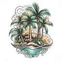coconut tree ocean and eucalytus tree  tattoo design idea