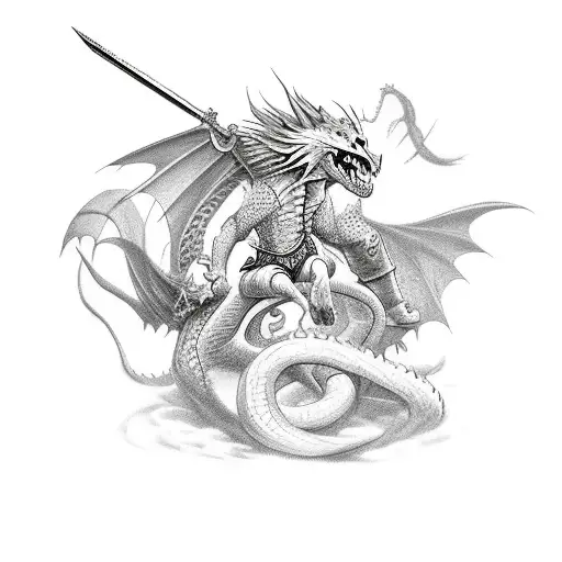 ein paladin fighting a dragon style like 30s cartoon tattoo design idea