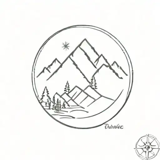 A minimalist tattoo of a mountain range with a hidden compass symbol, representing the client's love for adventure and exploration tattoo design idea