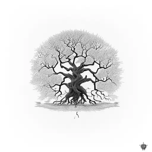 An intricate tree with roots reaching deep into the ground, symbolizing grounding and stability during difficult times tattoo design idea