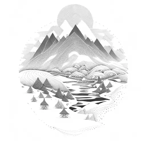 A serene landscape with a calm river flowing through mountains, representing inner peace and tranquility amidst the chaos of depression tattoo design idea