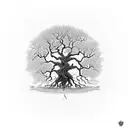 An intricate tree with roots reaching deep into the ground, symbolizing grounding and stability during difficult times tattoo design idea