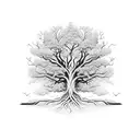 An intricate tree with roots reaching deep into the ground, symbolizing grounding and stability during difficult times tattoo design idea