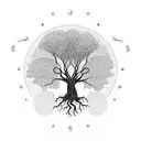 An intricate tree with roots reaching deep into the ground, symbolizing grounding and stability during difficult times tattoo design idea