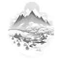 A serene landscape with a calm river flowing through mountains, representing inner peace and tranquility amidst the chaos of depression tattoo design idea