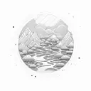 A serene landscape with a calm river flowing through mountains, representing inner peace and tranquility amidst the chaos of depression tattoo design idea