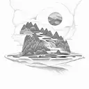A serene landscape with a calm river flowing through mountains, representing inner peace and tranquility amidst the chaos of depression tattoo design idea