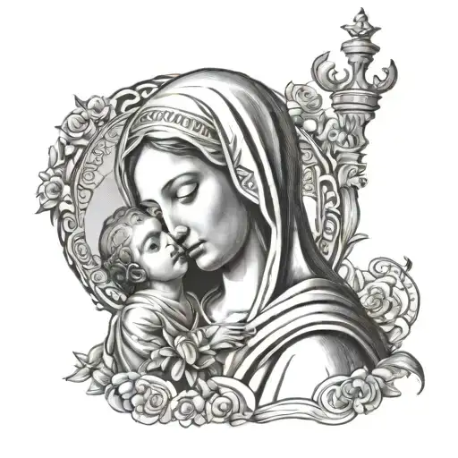 Virgin Mary with san judas with the names Maria and romeila  tattoo design idea