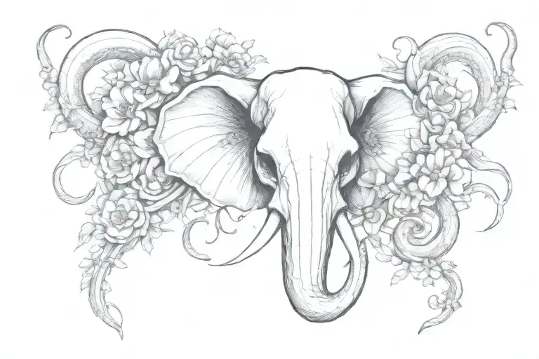 Elephant octopus hybrid animal skull with tenticles surrounded by gothic inspired flowers & theme tattoo design idea