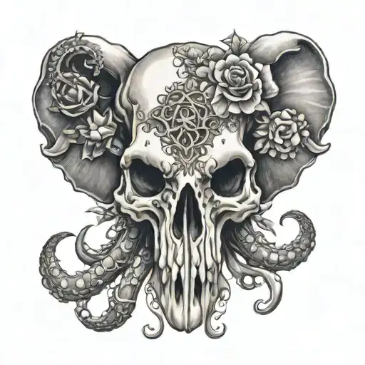 Elephant octopus hybrid animal skull with tenticles surrounded by gothic inspired flowers & theme tattoo design idea