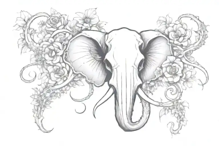 Elephant octopus hybrid animal skull with tenticles surrounded by gothic inspired flowers & theme tattoo design idea