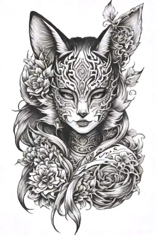 Kitsune girl with mask split in half tattoo design idea