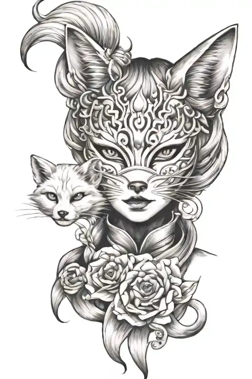 Kitsune girl with mask   tattoo design idea