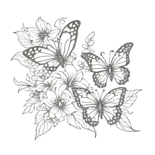 two butterflies in one line with flowers added to the brush tattoo design idea