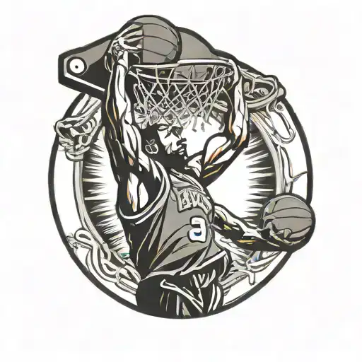 A basketball player dunking on a hoop with a halo above his head, symbolizing the passion for basketball and faith in Jesus tattoo design idea