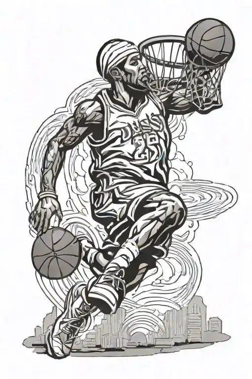 A basketball player dunking on a hoop with a halo above his head, symbolizing the passion for basketball and faith in Jesus tattoo design idea