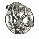 A basketball player dunking on a hoop with a halo above his head, symbolizing the passion for basketball and faith in Jesus tattoo design idea