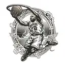 A basketball player dunking on a hoop with a halo above his head, symbolizing the passion for basketball and faith in Jesus tattoo design idea