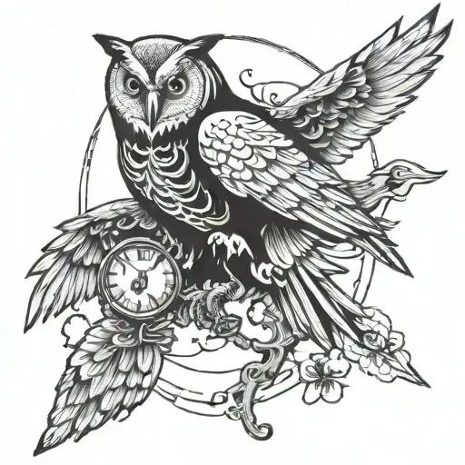 death and a owl flying tattoo design idea