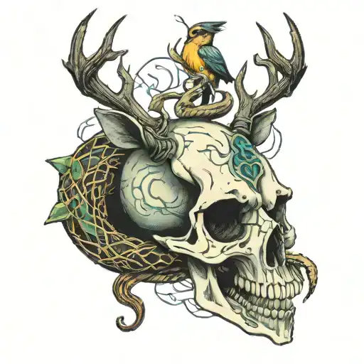 deer skull with a snake wrapped and a bird perched tattoo design idea
