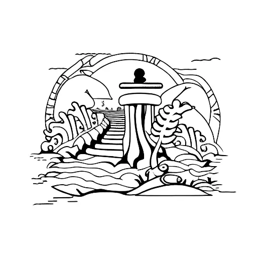 black and white sea landscape featuring a forest, a small greek column, lizards, falcons in flight tattoo design idea