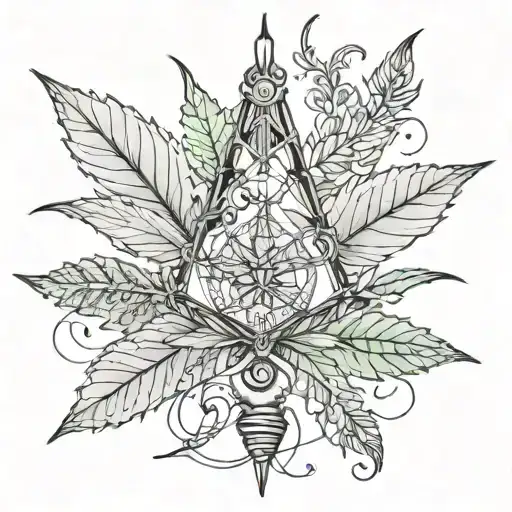 An intricate marijuana leaf design intertwined with elements of physics theories, in blackwork style tattoo design idea