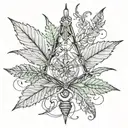 An intricate marijuana leaf design intertwined with elements of physics theories, in blackwork style tattoo design idea
