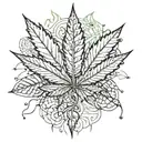 An intricate marijuana leaf design intertwined with elements of physics theories, in blackwork style tattoo design idea
