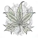 An intricate marijuana leaf design intertwined with elements of physics theories, in blackwork style tattoo design idea