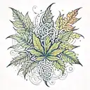 An intricate marijuana leaf design intertwined with elements of physics theories, in blackwork style tattoo design idea