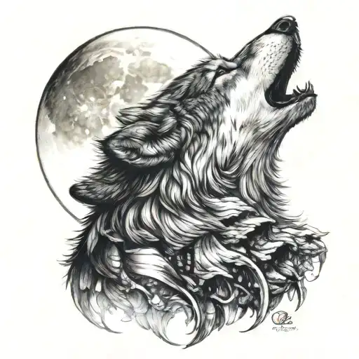 aphla wolf howling at the moon tattoo design idea