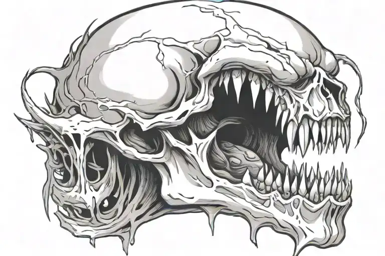 monster head, skull, melting skin, death, scary, extremely open mouth, sharp teeth, scary, tattoo design idea