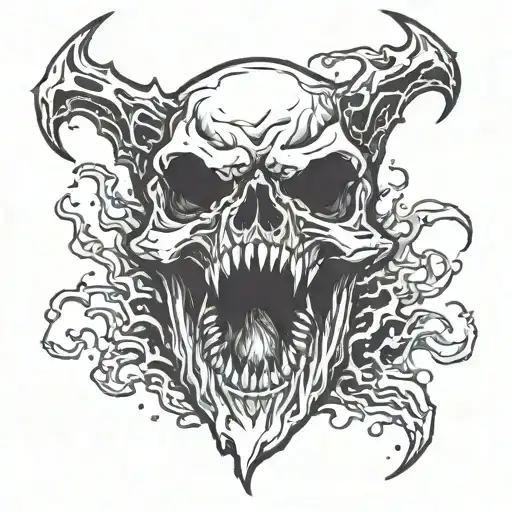 death skull with melting skin and open mouth sharp teeth extremely open jaw scary tattoo design idea