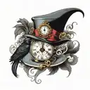 An alice in wonderland top hat with a clock and tea cup on the brim, with a Raven perched on top of the hat tattoo design idea