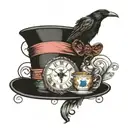 An alice in wonderland top hat with a clock and tea cup on the brim, with a Raven perched on top of the hat tattoo design idea