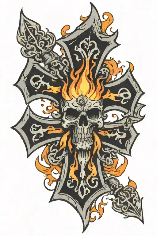 flames arms outstretched holding maltese cross made tattoo design idea