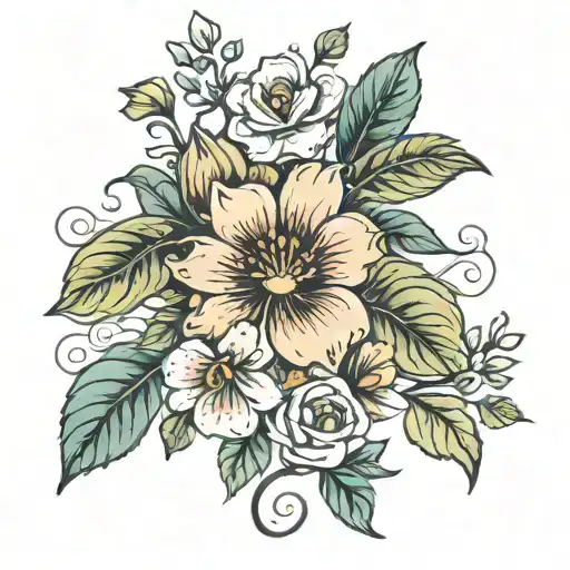 march, april, may, july, and september birth flower with vines tattoo design idea