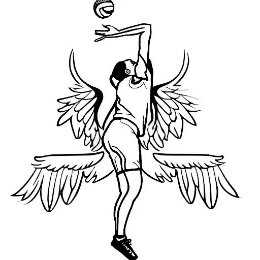 A volleyball player performing a gravity-defying dance move, with angel wings on their back tattoo design idea