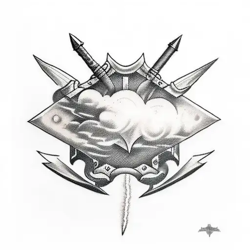 half sword from wrist to elbow, hilt towards the elbow with clouds and lightning around it tattoo design idea