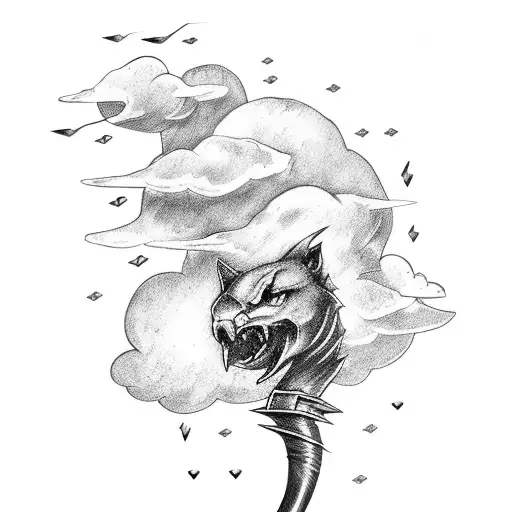 half sword from wrist to elbow, with clouds and lightning around it tattoo design idea