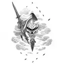 half sword from wrist to elbow, hilt towards the elbow with clouds and lightning around it tattoo design idea