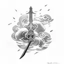 half sword from wrist to elbow, hilt towards the elbow with clouds and lightning around it tattoo design idea