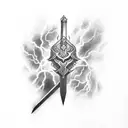 half sword from wrist to elbow, hilt towards the elbow with clouds and lightning around it tattoo design idea