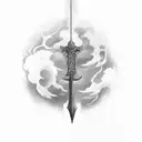 half sword from wrist to elbow, hilt towards the elbow with clouds and lightning around it tattoo design idea