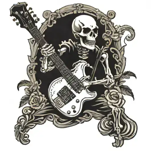 skeleton playing bass guitar tattoo design idea