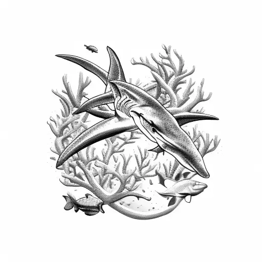Hammerhead shark in a sketch style surrounded by coral reef tattoo design idea