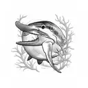 Hammerhead shark in a sketch style surrounded by coral reef tattoo design idea