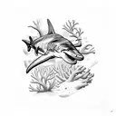 Hammerhead shark in a sketch style surrounded by coral reef tattoo design idea